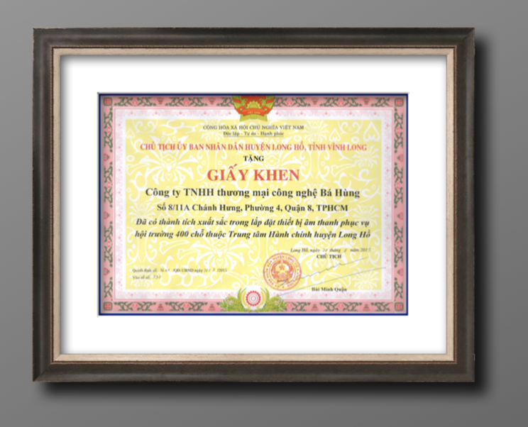 Giấy khen số 3: Chủ tịch UBND Huyện Long Hồ, tỉnh Vĩnh Long, Năm 2015 QĐ số: 36/QĐ-UBND