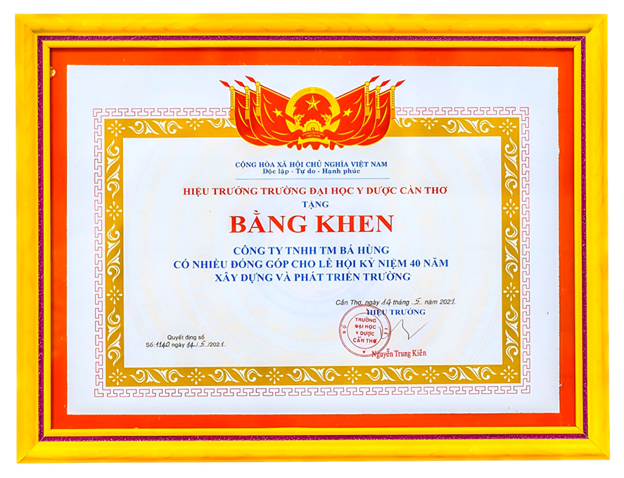 Bằng khen: Hiệu trưởng Trường Đại học Y Dược Cần Thơ, Ngày 14 tháng 05 năm 2021 QĐ số: 1140